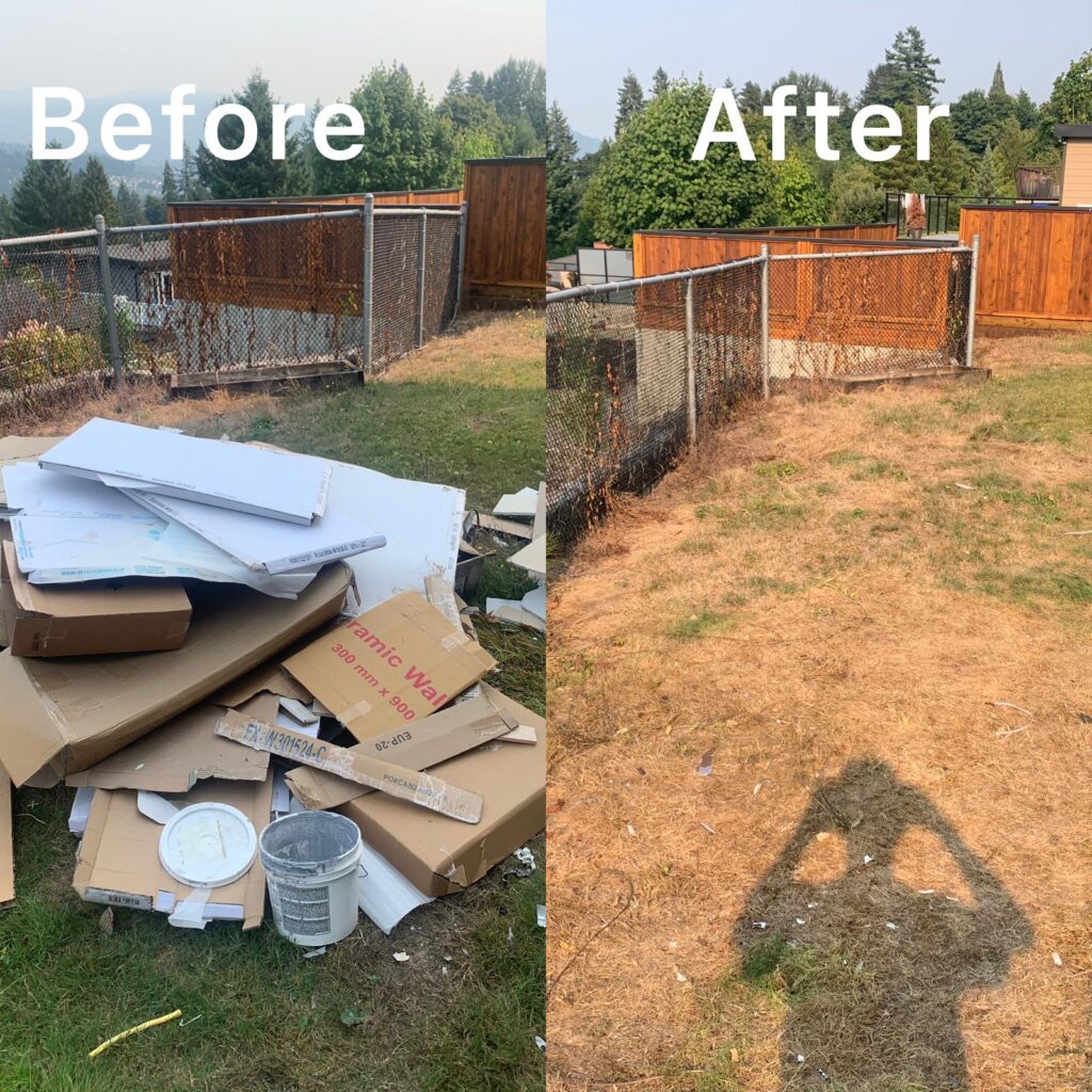 a before and after photo of showcasing junk removal from a yard.